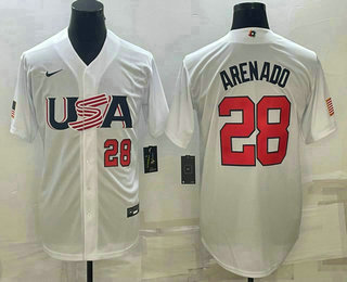 Mens USA Baseball #28 Nolan Arenado Number 2023 White World Baseball Classic Replica Stitched Jersey